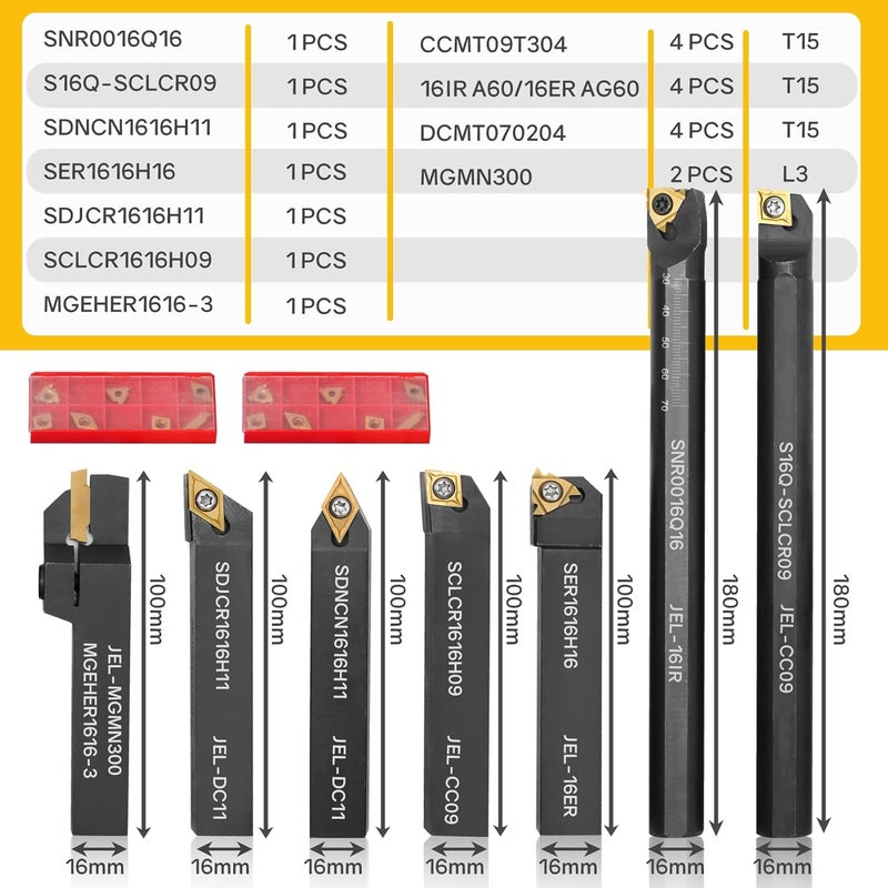Joogto Indexable Lathe Turning Tool 21Pcs Kit 5/8'' 16mm Shank 7 Pcs Metal Lathe Tool Holder Set with 14 Pcs Turning Inserts for Turning Grooving Threading Boring Carbide Inserts Carbide Turning Tool - Image 2